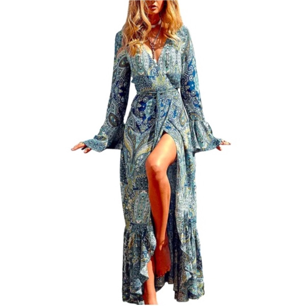 Teal greenblue Boho Maxi Ruffle Dress Resortwear Long Sleeve Sexy Maxi Wrap Dres